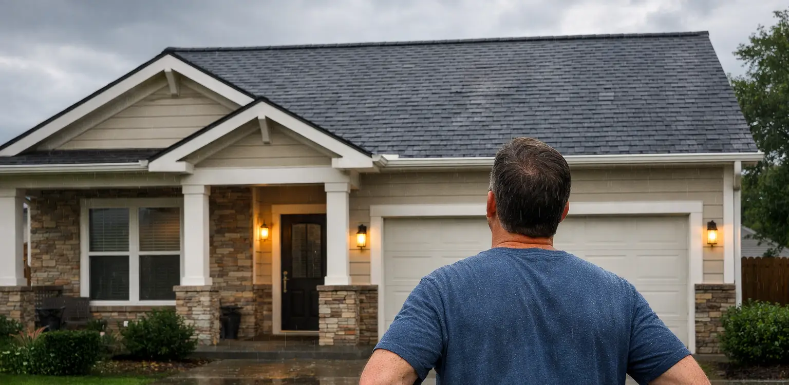 Homeowner inspecting roof after hail and wind storm | RAFTRx Roofing + Exteriors